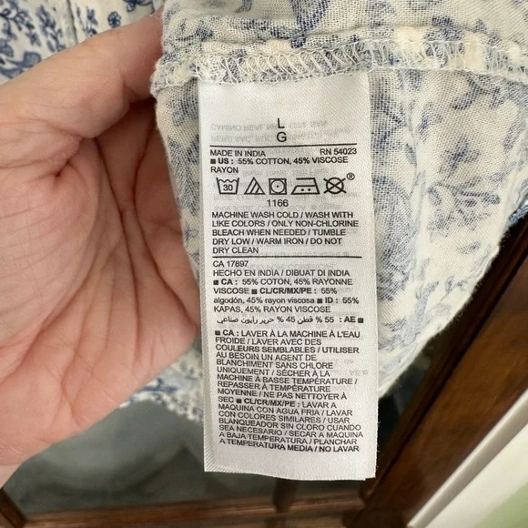 OLD NAVY Top Womens L Peasant Floral Blouse Button Up Balloon Sleeve Blue White - Picture 5 of 7